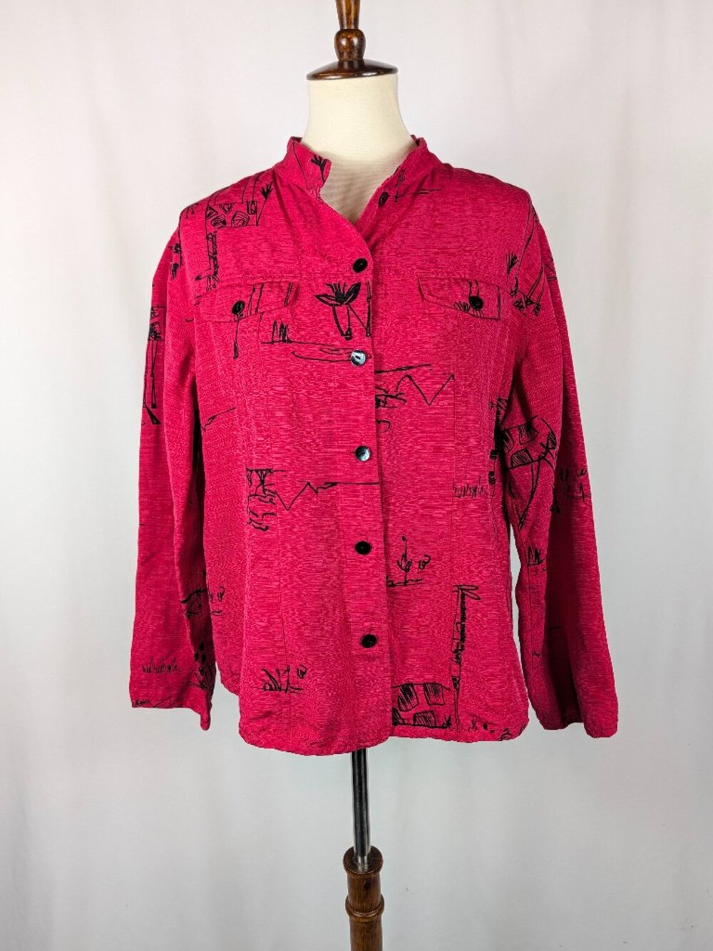 Chicos Giraffe Blouse Pink Black Silk Linen Blend Button Front Safari Size 3